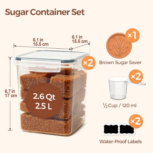 Airtight Brown Sugar Containers with Terra Cotta Saver 2.6Qt 2Pack (2.6Qt-Square)