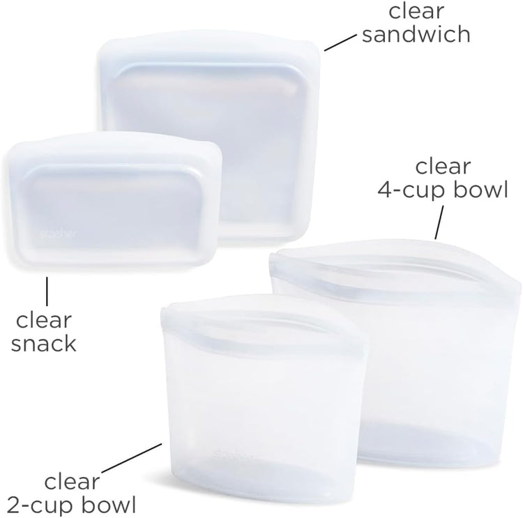 Stasher Premium Silicone Reusable Food Storage Bags, 4-Pack, Clear, Multi-Use Food Storage Bags, Lunch Bag, Travel Containers, BPA Free, Leak-free, Dishwasher-Safe, Eco-friendly