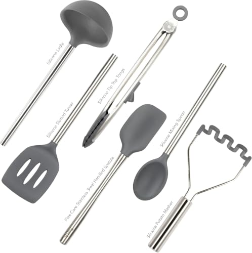 Silicone Cooking Utensil Set of 6 Stainless Steel Handle Ladle Slotted Turner Tongs Flex Core Spatula Scraper Mixing Spoon & Potato Masher (Charcoal)