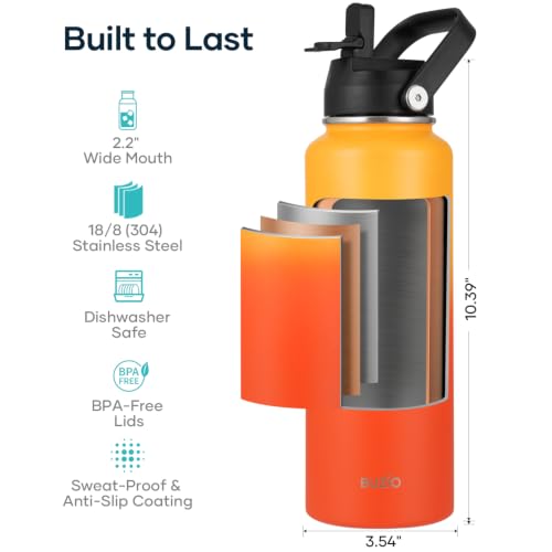 40 oz Insulated Water Bottle with Paracord Handle & Straw Spout Lids (40 Ounces / Yellow Orange)