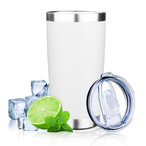20oz Tumbler with Lid Double Wall Vacuum Insulated Travel Coffee Mug Stainless Steel Thermal Cup Powder Coated Sturdy Coffee Tumbler for Hot and Cold Beverage (20 Ounces / White)