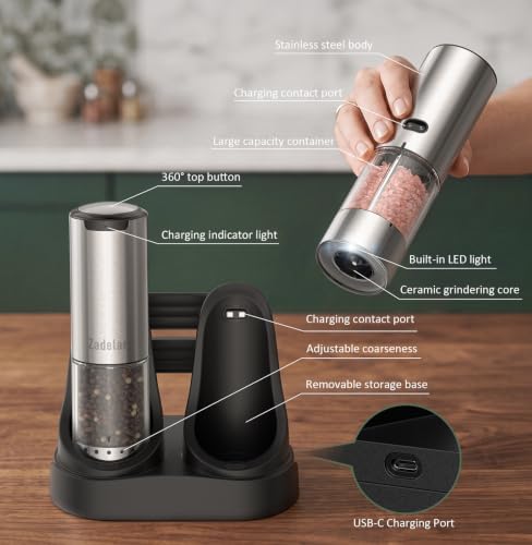 Electric Rechargeable Salt and Pepper Grinder Set (Stainless Steel)