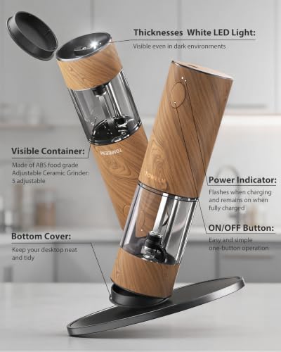 Larger Capacity Rechargeable Electric Salt and Pepper Grinder Set (Wood color)