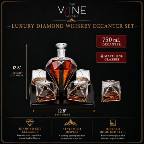 Luxury Diamond Whiskey Decanter Set with 4 Matching Glasses & Mahogany Wood Base