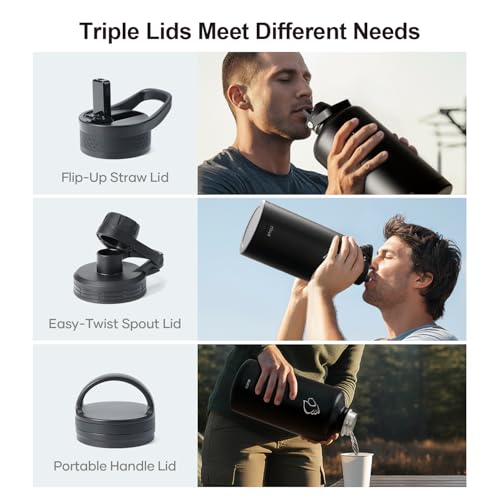 1 Gallon Water Bottle Insulated with Straw & 3 Lids (128 Ounces / Black)