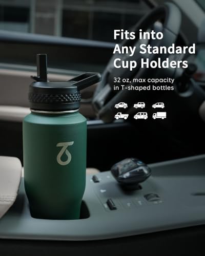 32 oz Water Bottle Insulated Fits in Any Car Cup Holder with 2 Lids (32 Ounces / Dark Green)