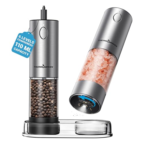 Upgraded Larger Capacity Electric Salt and Pepper Grinder Set (Large / Black + Silver)