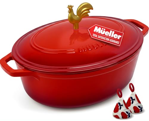 5.5 Quart Enameled Cast Iron Oval Dutch Oven w Rooster Knob & Cotton Potholders