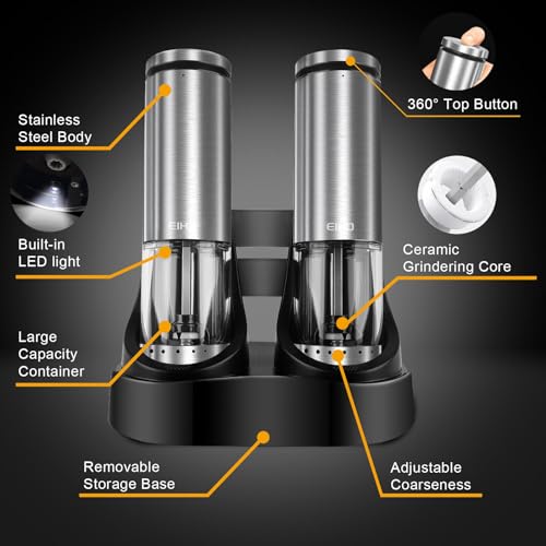 Electric Salt and Pepper Grinder Set USB Rechargeable (Charging Base-Stainless Steel Set)