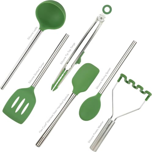 Silicone Cooking Utensil Set of 6 Stainless Steel Handle Ladle Slotted Turner Tongs Flex Core Spatula Scraper Mixing Spoon & Potato Masher (Pesto)