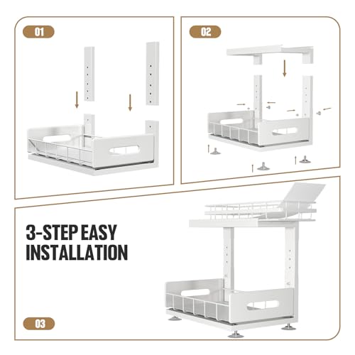 Under Sink Organizer Upgrade To Professional Rails (White / 2 Pack-14.5"Dx12.8"-16.9"H)