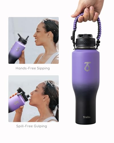 40 oz Water Bottle Insulated Fit in Any Car Cup Holder with 2 Lids (40 Ounces / Dark Purple)