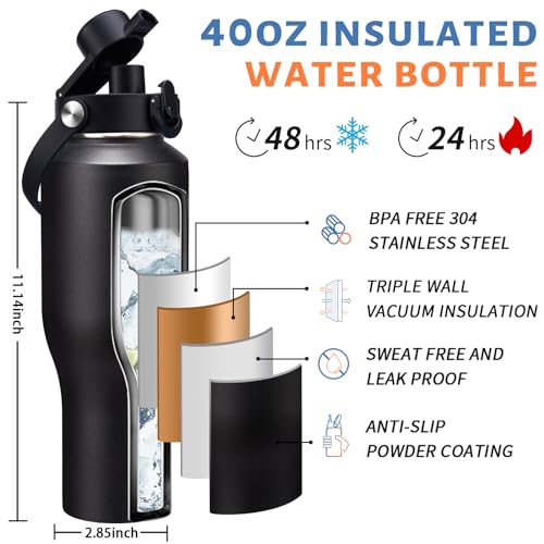 40 oz Insulated Water Bottle Fits Car Cup Holder with Straw Lid & Auto Lid (Onyx Black / 40 Ounces)