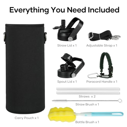 40 oz Insulated Water Bottle with Paracord Handle & Straw Spout Lids (40 Ounces / Jungle Green)