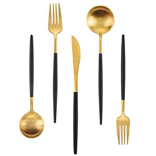 Matte Gold Silverware Set With Black Handle (4 Count)