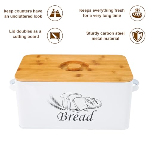 Bread Box with 3pcs Jars Coffee Sugar Tea for Kitchen Countertop White Metal Bread Box with Bamboo Board Cover Pastry Storage Container Set Kitchen decor (Bread Box with Butter Dish)