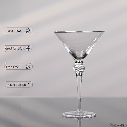 2 Piece Premium Clear Stem Crystal Martini Glasses with Silver Rim and Diamond