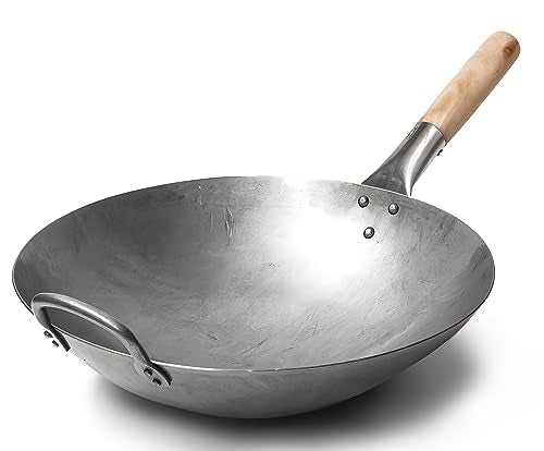 Traditional Hand Hammered Chinese Carbon Steel Wok with Wooden and Steel Helper Handle (14-in)
