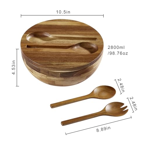 Salad Bowls Wood Salad Bowl Set with Lid Acacia Wood Serving Bowl for Fruits or Salads 10.5" Large Serving Bowl with Serving Utensils (10.5in wood salad bowl)