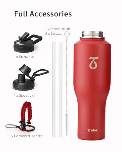 40 oz Water Bottle Insulated Fit in Any Car Cup Holder with 2 Lids (40 Ounces / Red)