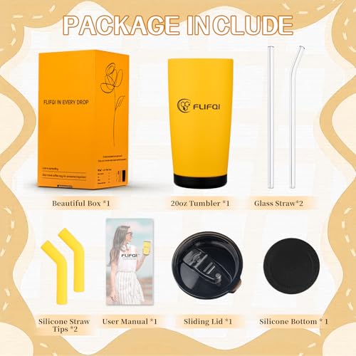 20oz Tumbler with Lid Double Wall Vacuum Insulated Travel Coffee Mug Stainless Steel Thermal Cup Powder Coated Sturdy Coffee Tumbler Gift for Hot and Cold Beverage (20 Ounces / Yellow-GIFT SET)