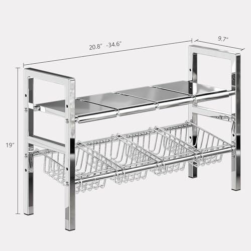Large Under Sink Organizer 2 Tier Expandable Heavy Stainless Steel Shelf Adjustable Height for Under Kitchen Bathroom Sink Organizers and Storage (Large size: 4 panels 4 storage baskets)