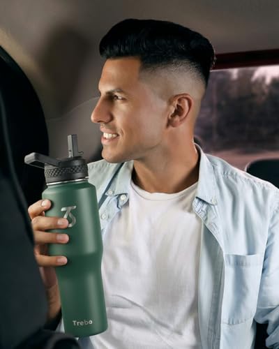 40 oz Water Bottle Insulated Fit in Any Car Cup Holder with 2 Lids (40 Ounces / Dark Green)