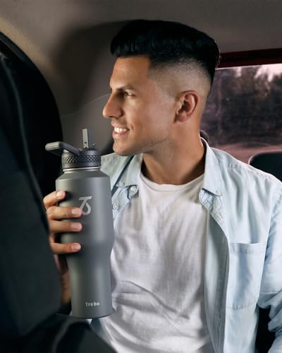 40 oz Water Bottle Insulated Fit in Any Car Cup Holder with 2 Lids (40 Ounces / Gray)