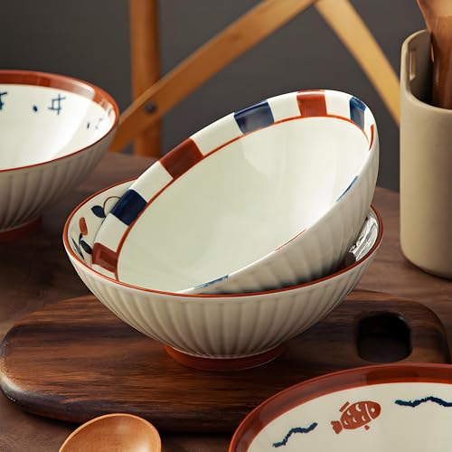 8 Inch 38OZ Ceramic Ramen Soup Bowl Set of 4 with spoons (Brown and White)
