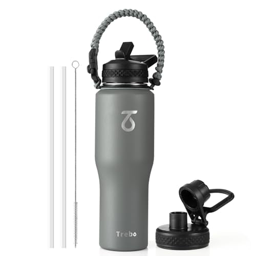 32 oz Water Bottle Insulated Fits in Any Car Cup Holder with 2 Lids (32 Ounces / Gray)
