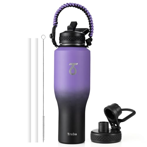 40 oz Water Bottle Insulated Fit in Any Car Cup Holder with 2 Lids (40 Ounces / Dark Purple)
