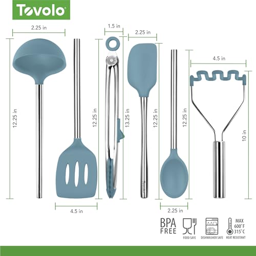 Silicone Cooking Utensil Set of 6 Blue Slate Ladle Slotted Turner Tongs Flex Core Spatula Scraper Mixing Spoon and Potato Masher (Blue Slate)