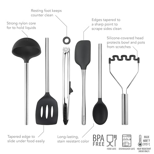 Silicone Cooking Utensil Set of 6 Stainless Steel Handle Ladle Slotted Turner Tongs Flex Core Spatula Scraper Mixing Spoon & Potato Masher (Black)