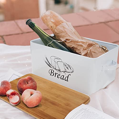 Bread Box with 3pcs Jars Coffee Sugar Tea for Kitchen Countertop White Metal Bread Box with Bamboo Board Cover Pastry Storage Container Set Kitchen decor (White Box)