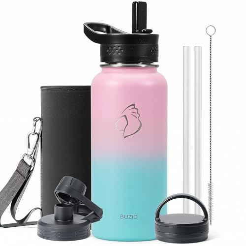 32 oz Water Bottle Insulated with Straw & 3 Lids (32 Ounces / Pearlescent Pink Blue)