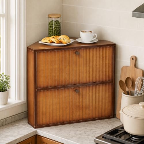 Corner Bread Box for Kitchen Countertop Bamboo Two Layer Large Capacity Bread Storage Bin Vintage Storage for Homemade Bread (Brown)