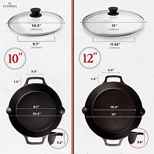 Cast Iron Skillet Set (Dual Handle Skillet + Glass Lid / 10"+12")