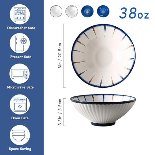 8 Inch 38OZ Ceramic Bowl Set of 4 (Blue and White)