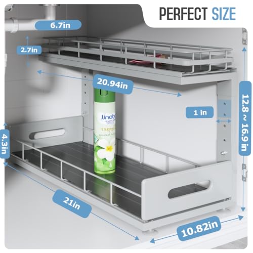 Under Sink Organizer Upgrade To Professional Rails (Gun Gray / 2 Pack-21"Dx12.8"-16.9"H)