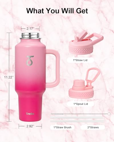 Insulated Water Bottle 40 oz Fits in Car Cup Holder with Side Handle (40 Ounces / Pink)