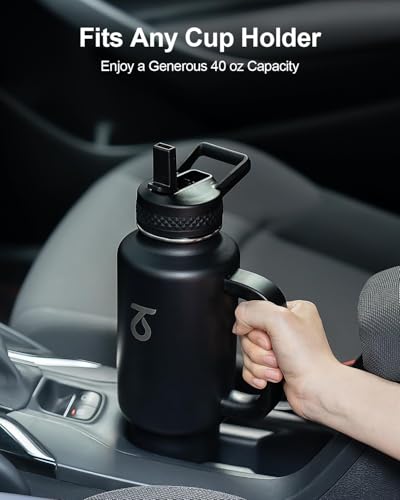 Insulated Water Bottle 40 oz Fits in Car Cup Holder with Side Handle (40 Ounces / Deep Black)