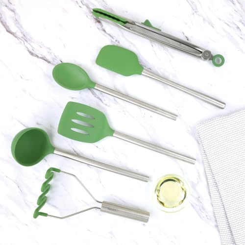 Silicone Cooking Utensil Set of 6 Stainless Steel Handle Ladle Slotted Turner Tongs Flex Core Spatula Scraper Mixing Spoon & Potato Masher (Pesto)