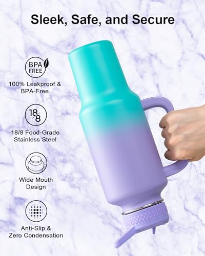 Insulated Water Bottle 40 oz Fits in Car Cup Holder with Side Handle (40 Ounces / Purple green)