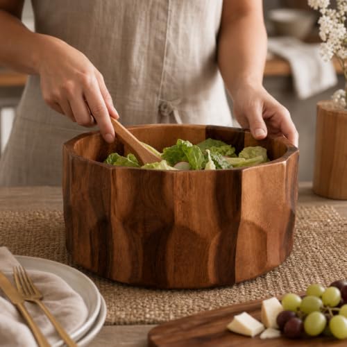 Large Diamond Pattern Acacia Wood Salad Serving Bowl (6" Tall x 12" Diameter)