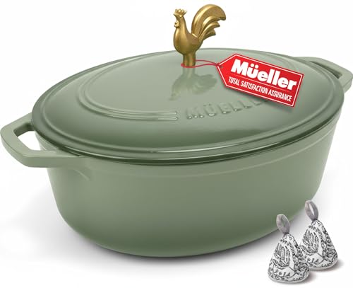 5.5 Quart Enameled Cast Iron Oval Dutch Oven w Rooster Knob & Cotton Potholders