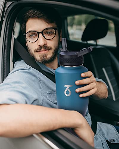40 oz Water Bottle Insulated Fit in Any Car Cup Holder with 2 Lids (40 Ounces / Indigo/Black)
