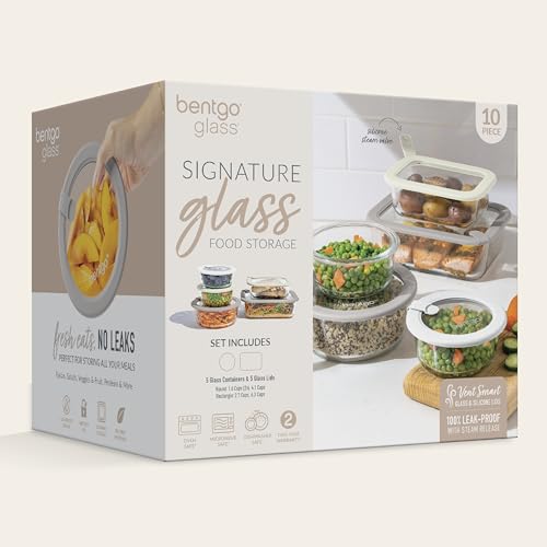 Signature Glass Food Storage Containers with Lids (10-Piece Set (White Stone))