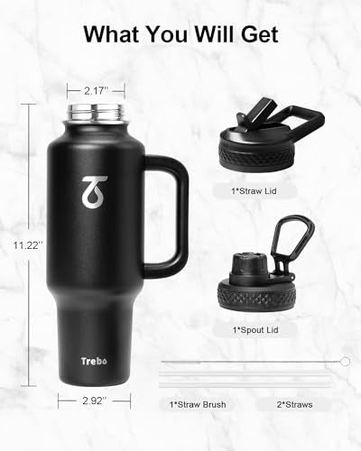 Insulated Water Bottle 40 oz Fits in Car Cup Holder with Side Handle (40 Ounces / Deep Black)