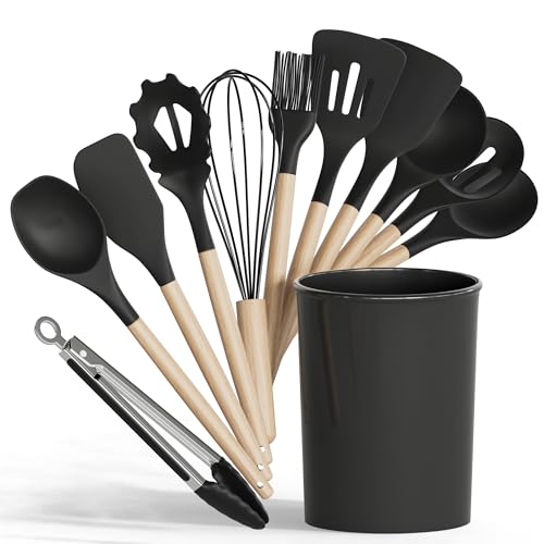 Silicone Cooking Utensils Set [12 (Black)