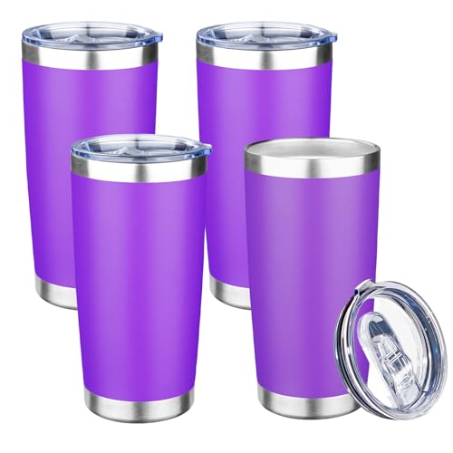 20oz Tumbler with Lid Double Wall Vacuum Insulated Travel Coffee Mug Stainless Steel Thermal Cup Powder Coated Sturdy Coffee Tumbler Bulk for Hot and Cold Beverage (20 Ounces (4 Pack) / Purple)